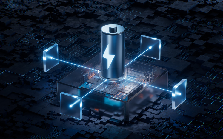 Battery with technological circuit background, 3d rendering.